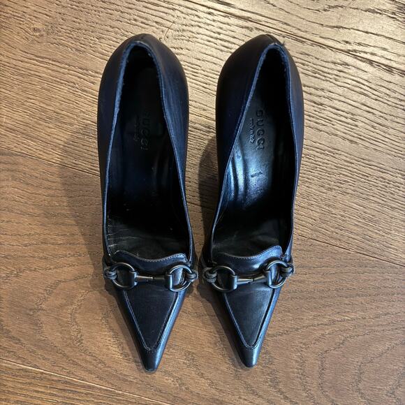 Gucci Black Leather Pumps Horsebit Pointed Toe Size 36C - Picture 2 of 14